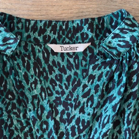 TUCKER 100% Silk Leopard Print Blouse-Aqua Green/Black-Womens Size S-Retail $295 - Picture 2 of 14
